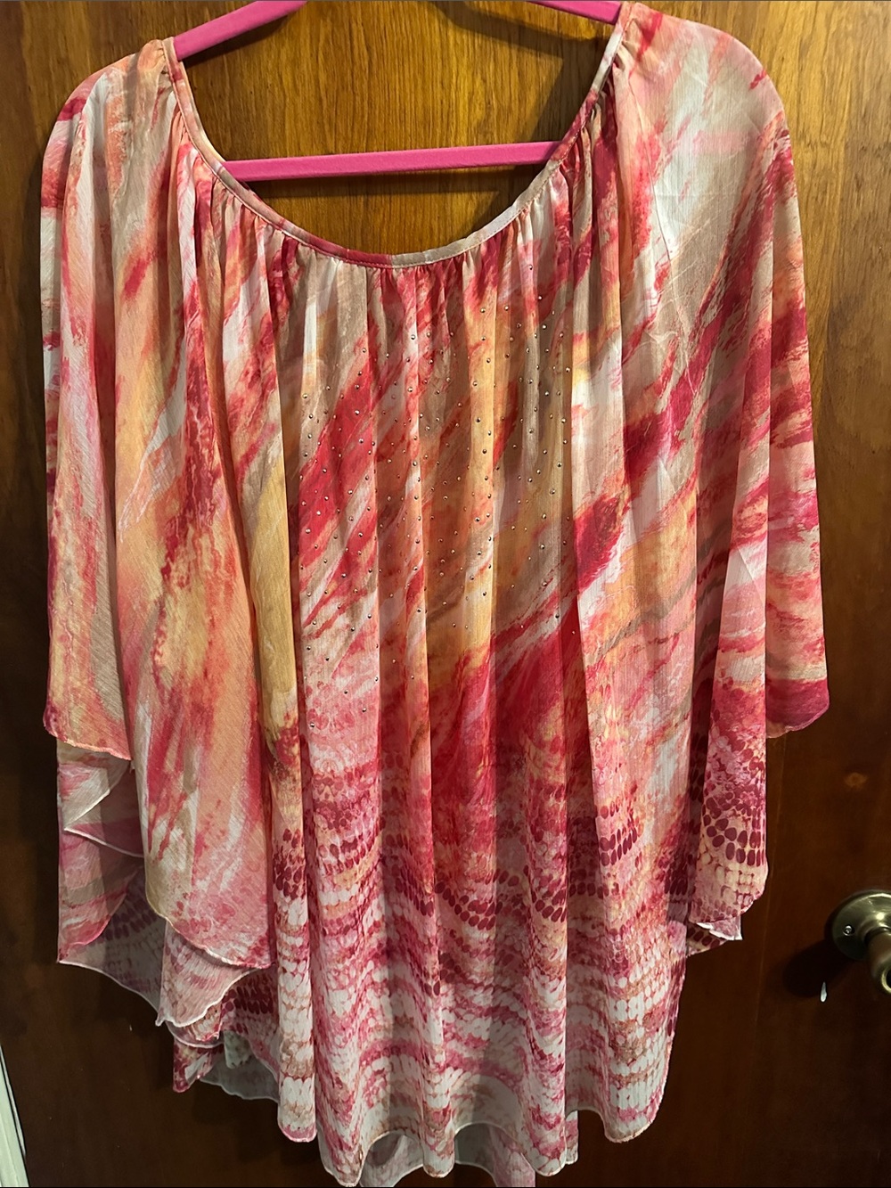 ONE WORLD Pink & Peach Pleated Chiffon Tunic with Rhinestones